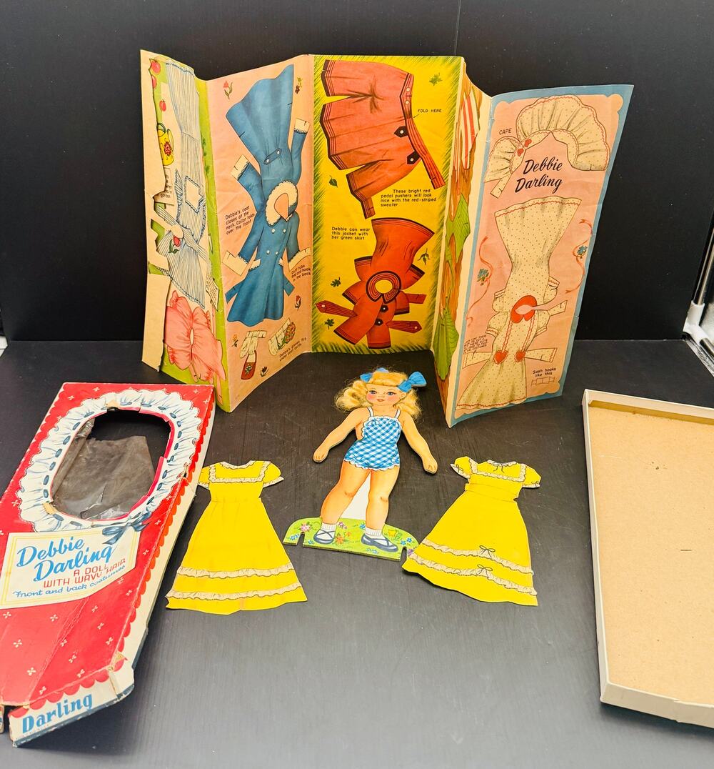 Vintage 1950's Debbie Darling Paper Doll Wavy Hair Front Back Costumes Boxed Set
